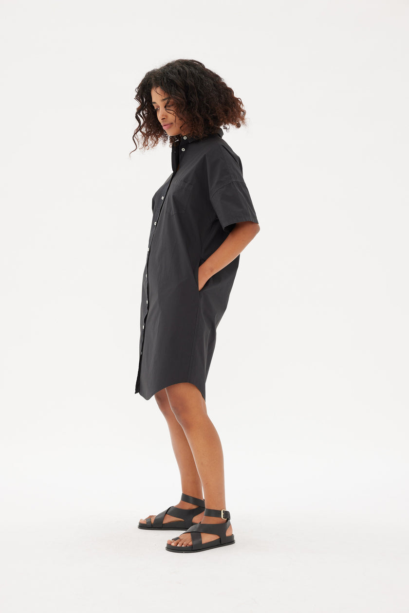 Chiara Short Sleeve Shirt Dress - Black - Dresses