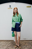 Light verde green cotton button-up shirt  and Navy Cotton Short, with relaxed fit and drop shoulders
