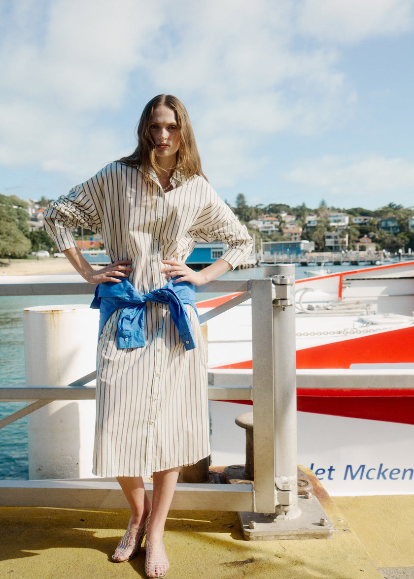 Chiara Maxi Shirt Dress - Vanilla, Machiatto, Ink Blue Stripe