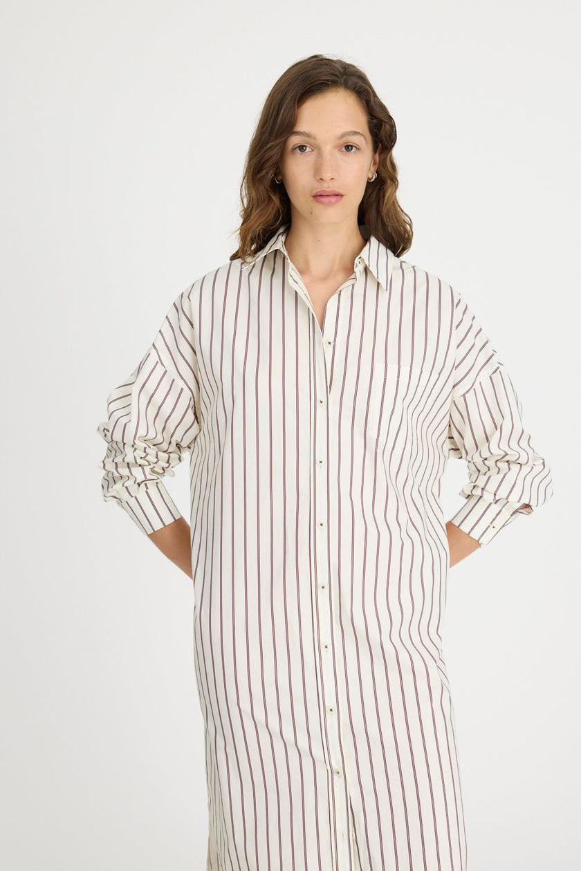 Chiara Maxi Shirt Dress - Vanilla, Machiatto, Ink Blue Stripe
