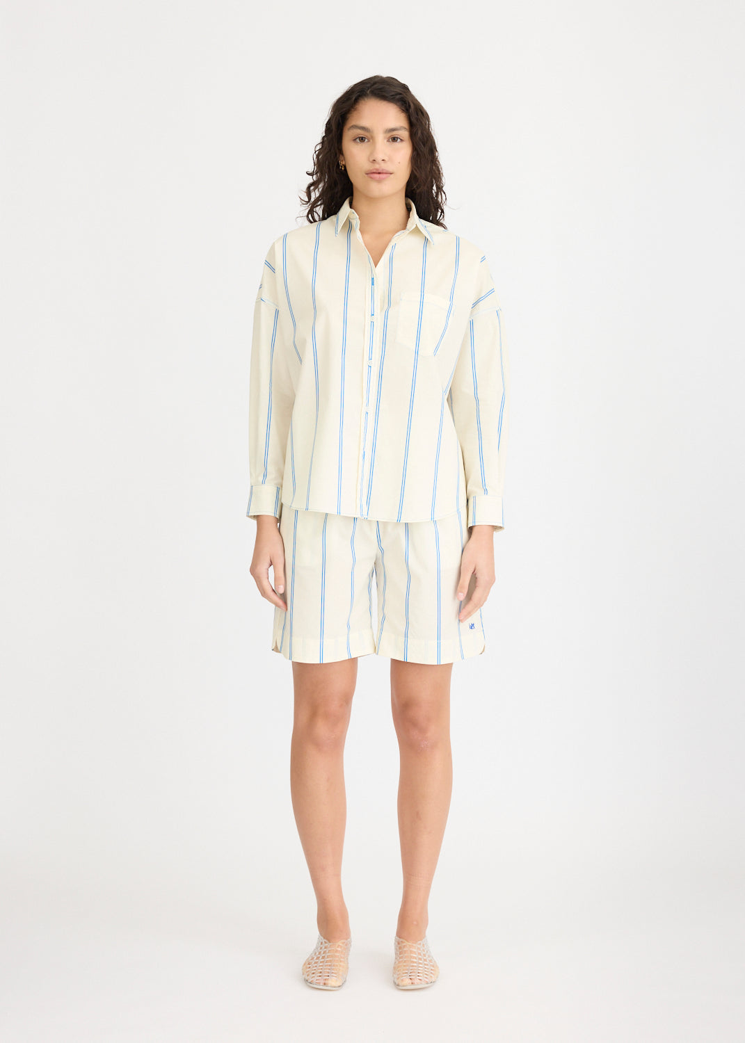 Chiara Long Sleeve Shirt Double Pinstripe - Ink Blue/Ivory