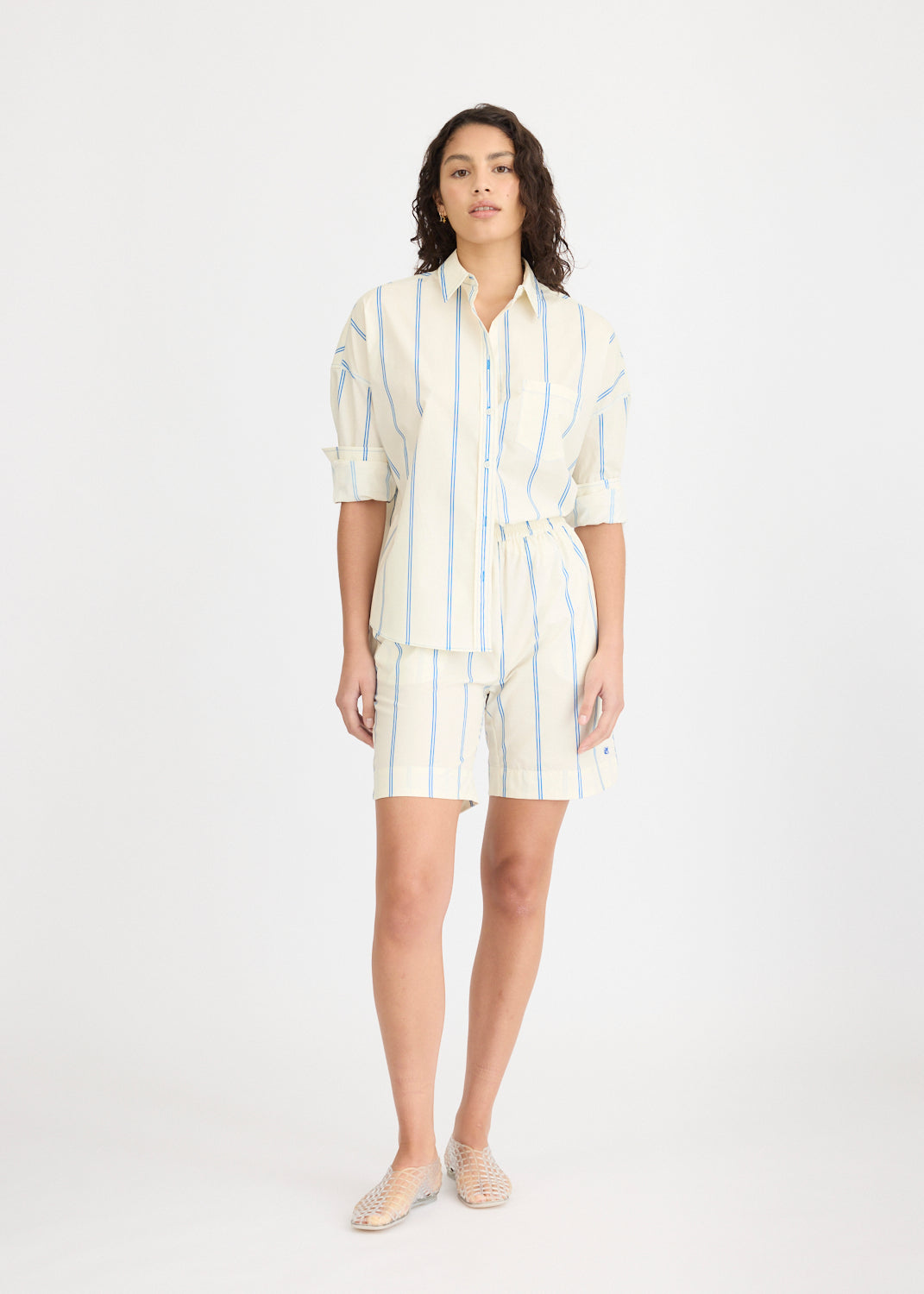 Chiara Long Sleeve Shirt Double Pinstripe - Ink Blue/Ivory