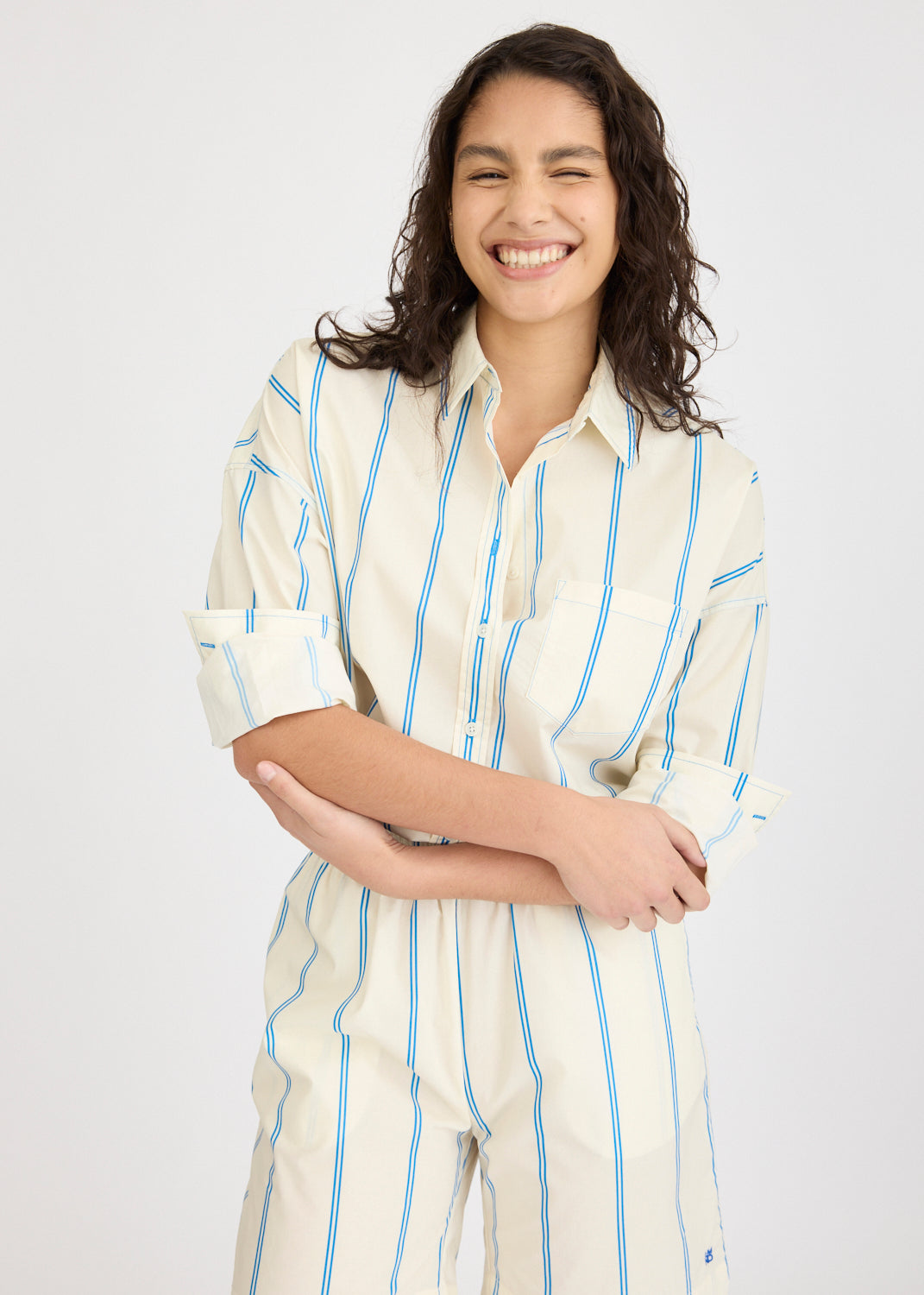 Chiara Long Sleeve Shirt Double Pinstripe - Ink Blue/Ivory