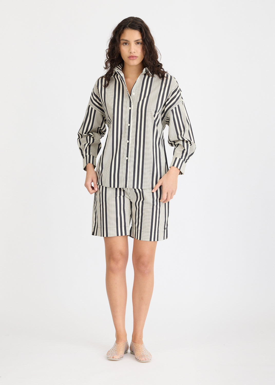 Chiara Open Yoke Shirt - Black and White Stripe