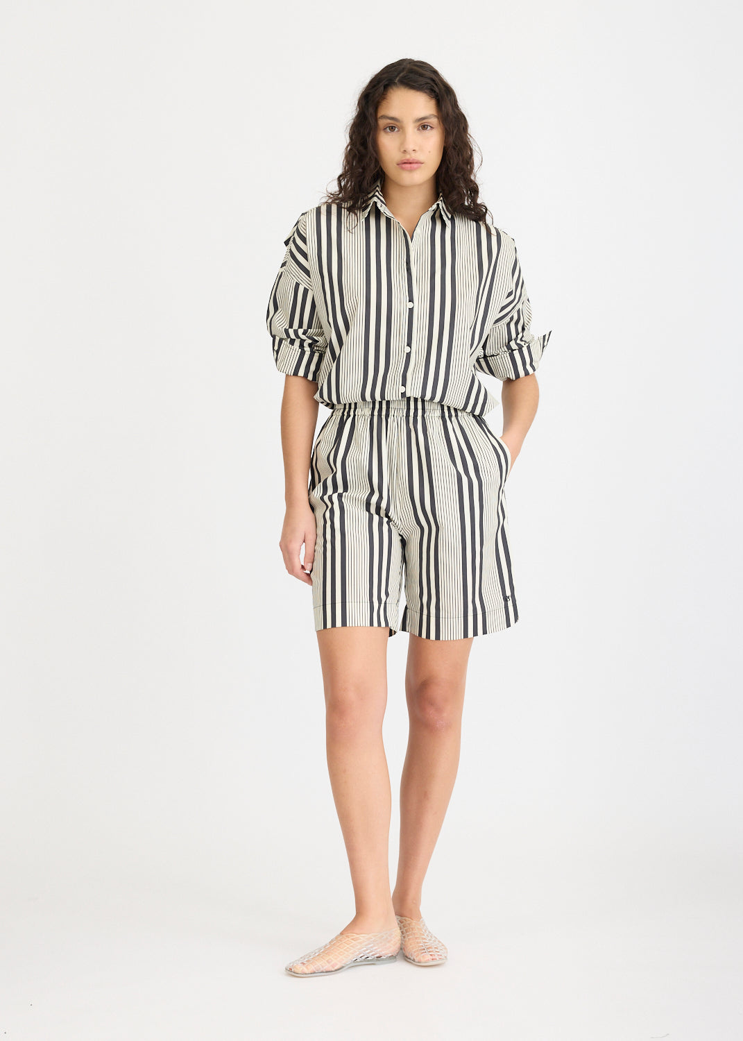 Chiara Mid Length Shorts - Black and White Stripe