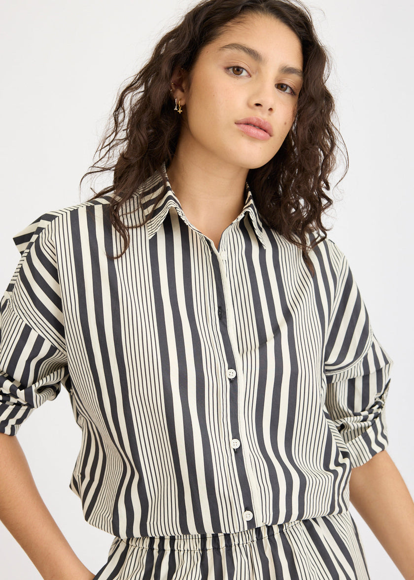 Chiara Open Yoke Shirt - Black and White Stripe