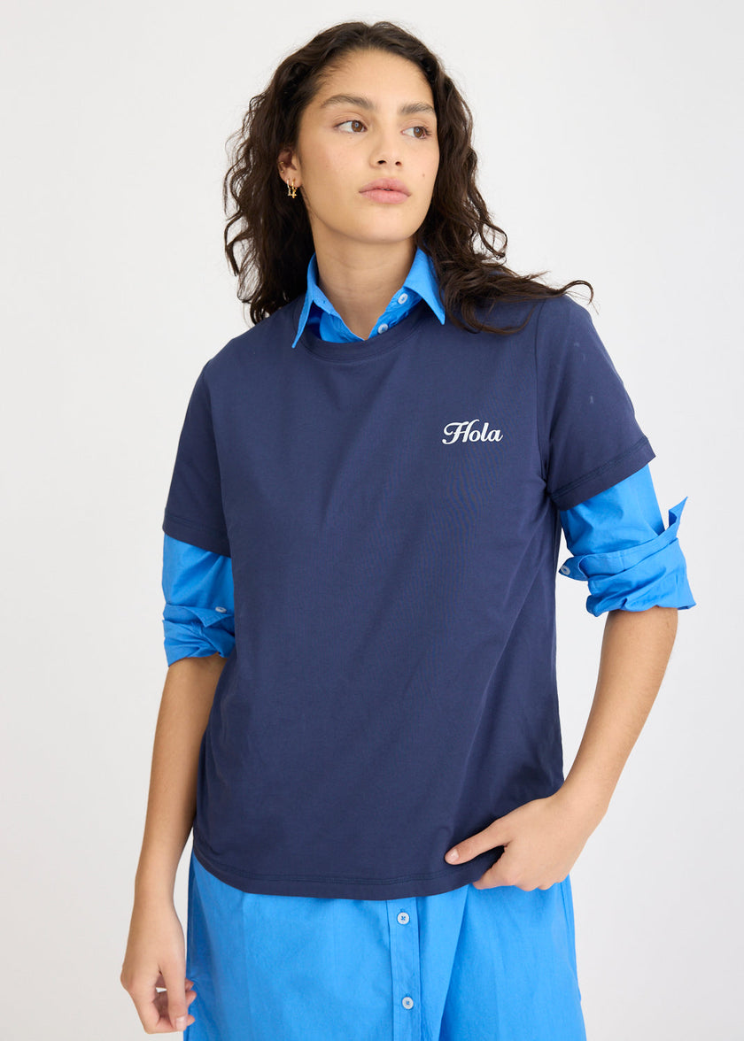 Hola Tee - Navy + Ivory Hola (Flocking)