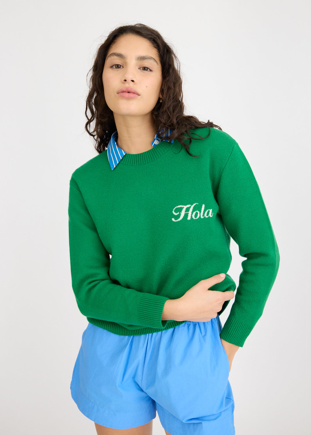 Hola Knit Jumper - Green Hills + Ivory Hola
