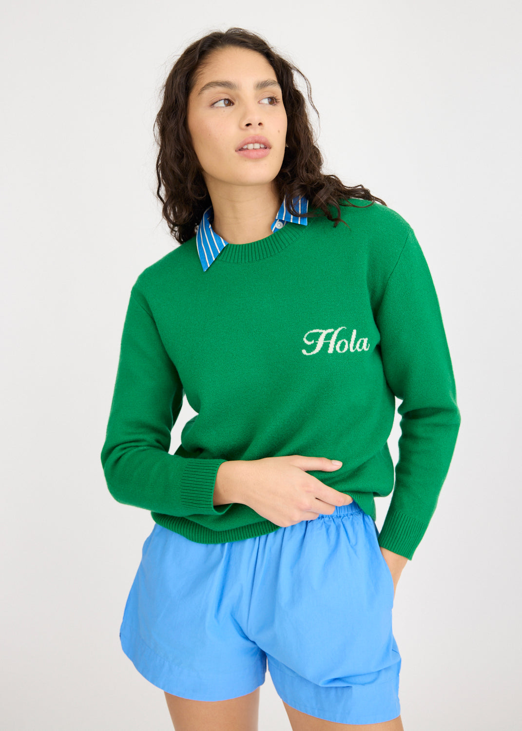 Hola Knit Jumper - Green Hills + Ivory Hola