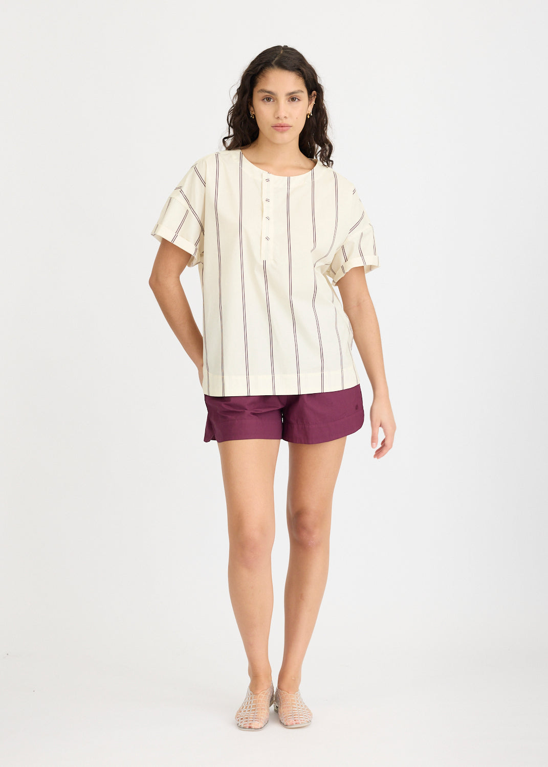 Alba - Asymmetric Top Double Pinstripe - Cherry/Ivory