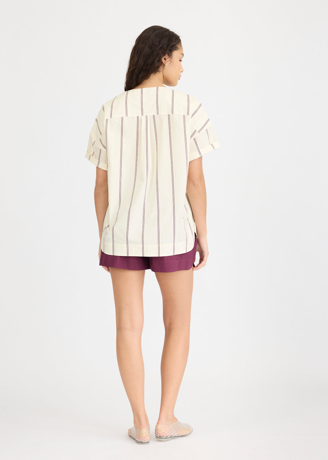 Alba - Asymmetric Top Double Pinstripe - Cherry/Ivory