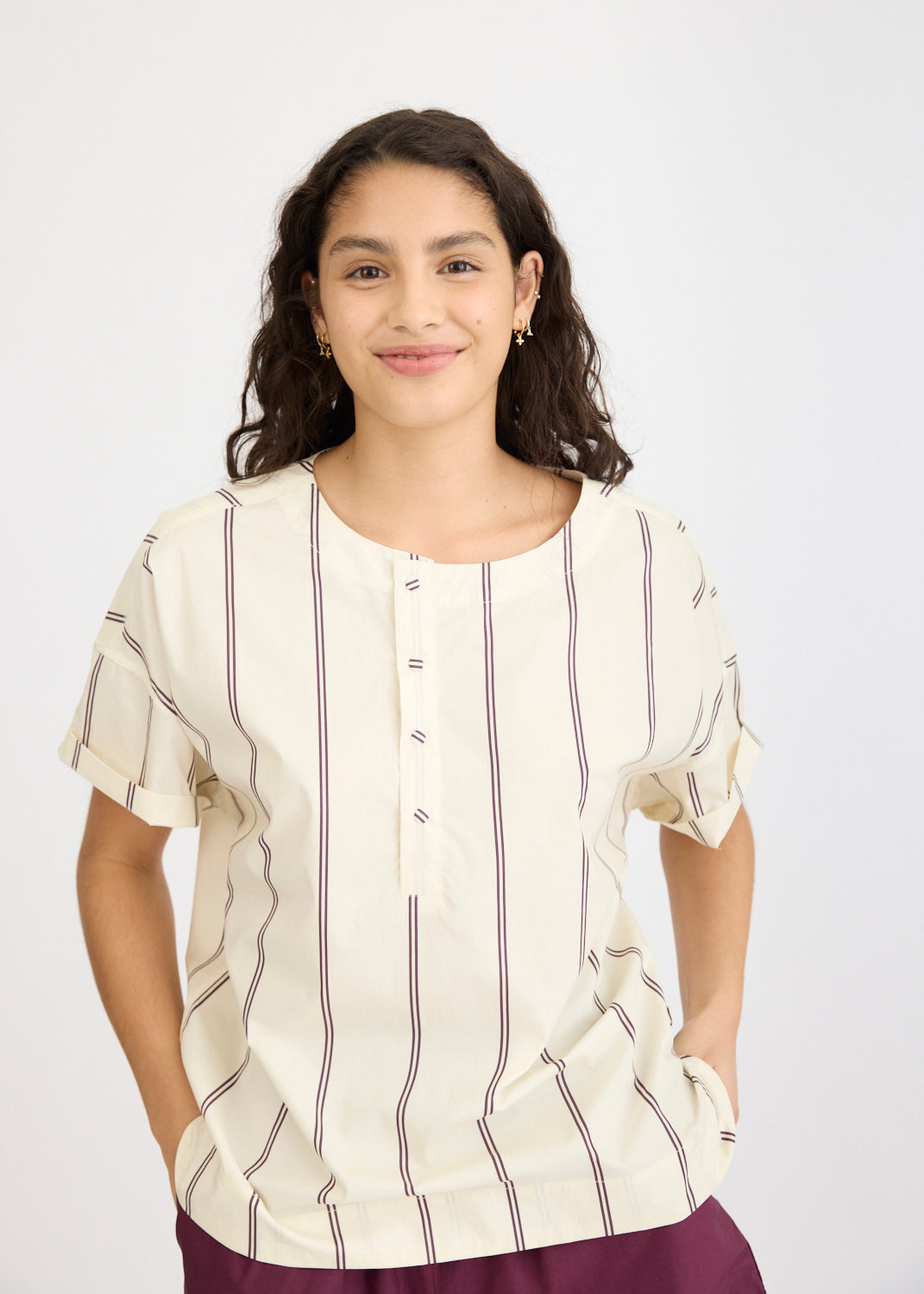 Alba - Asymmetric Top Double Pinstripe - Cherry/Ivory