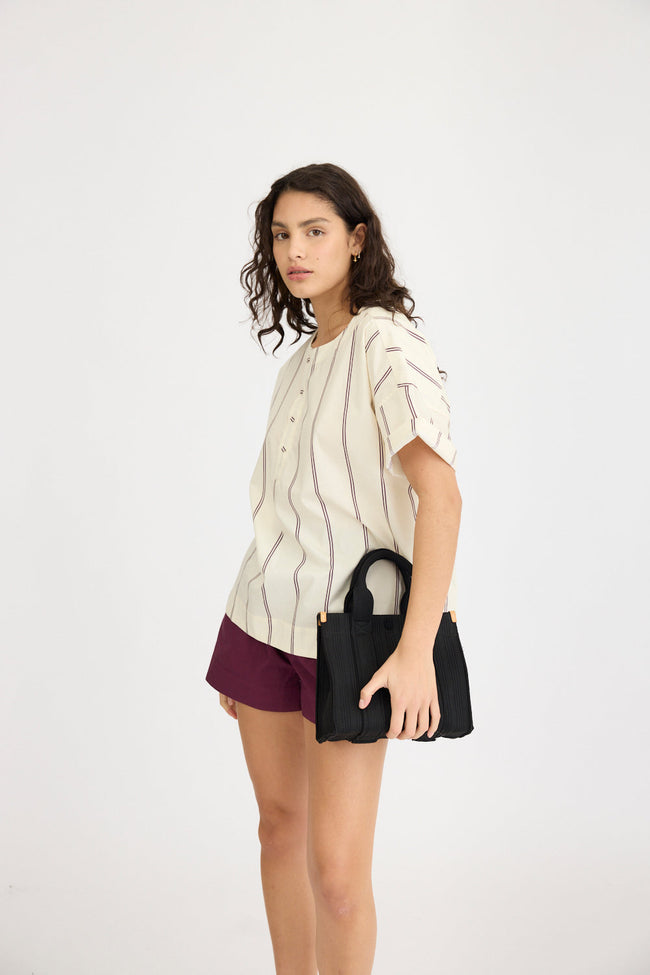 Alba - Asymmetric Top Double Pinstripe - Cherry/Ivory