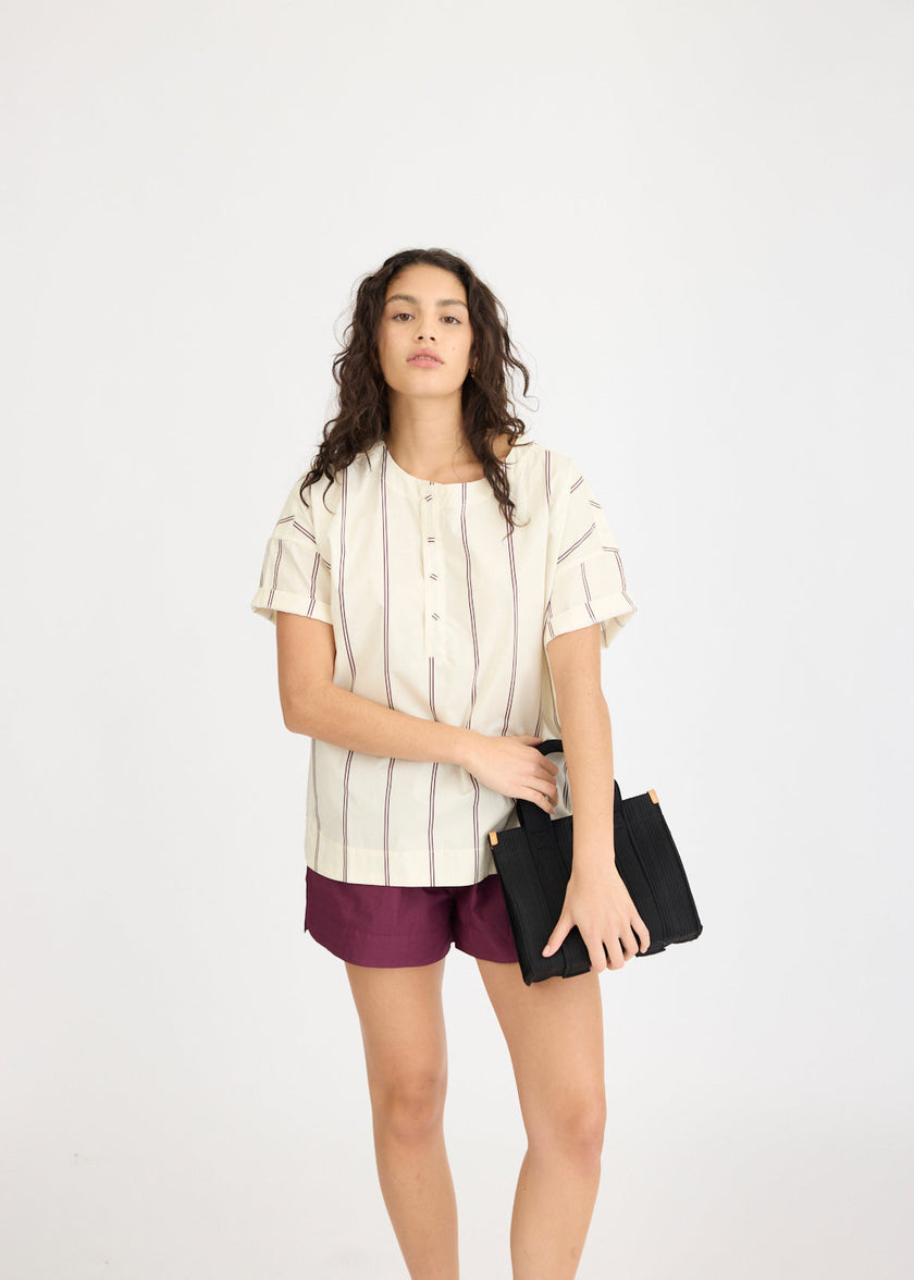 Alba - Asymmetric Top Double Pinstripe - Cherry/Ivory