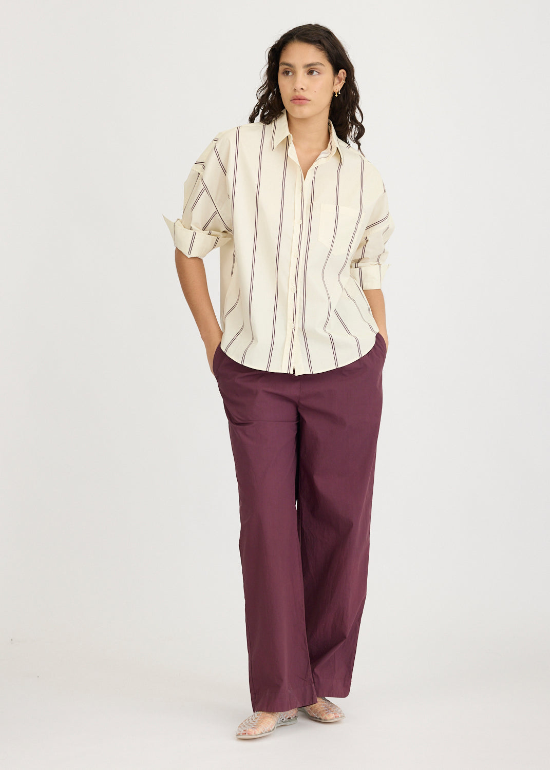 Chiara Long Sleeve Shirt Double Pinstripe - Cherry/Ivory