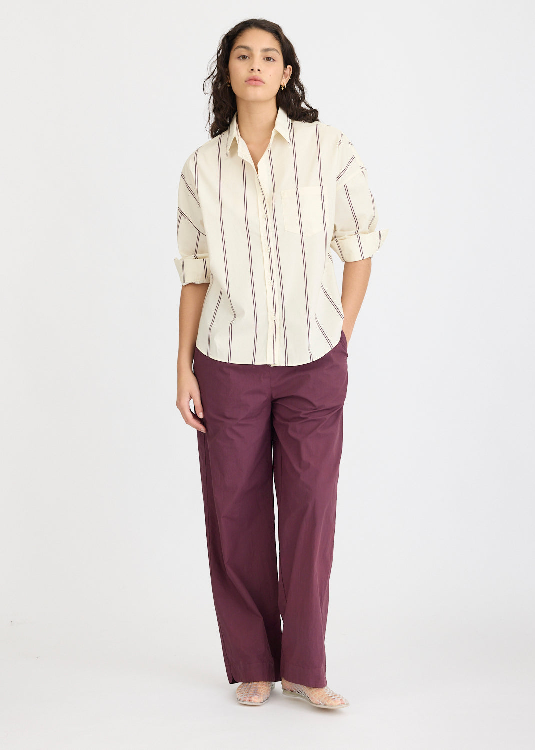 Chiara Long Sleeve Shirt Double Pinstripe - Cherry/Ivory
