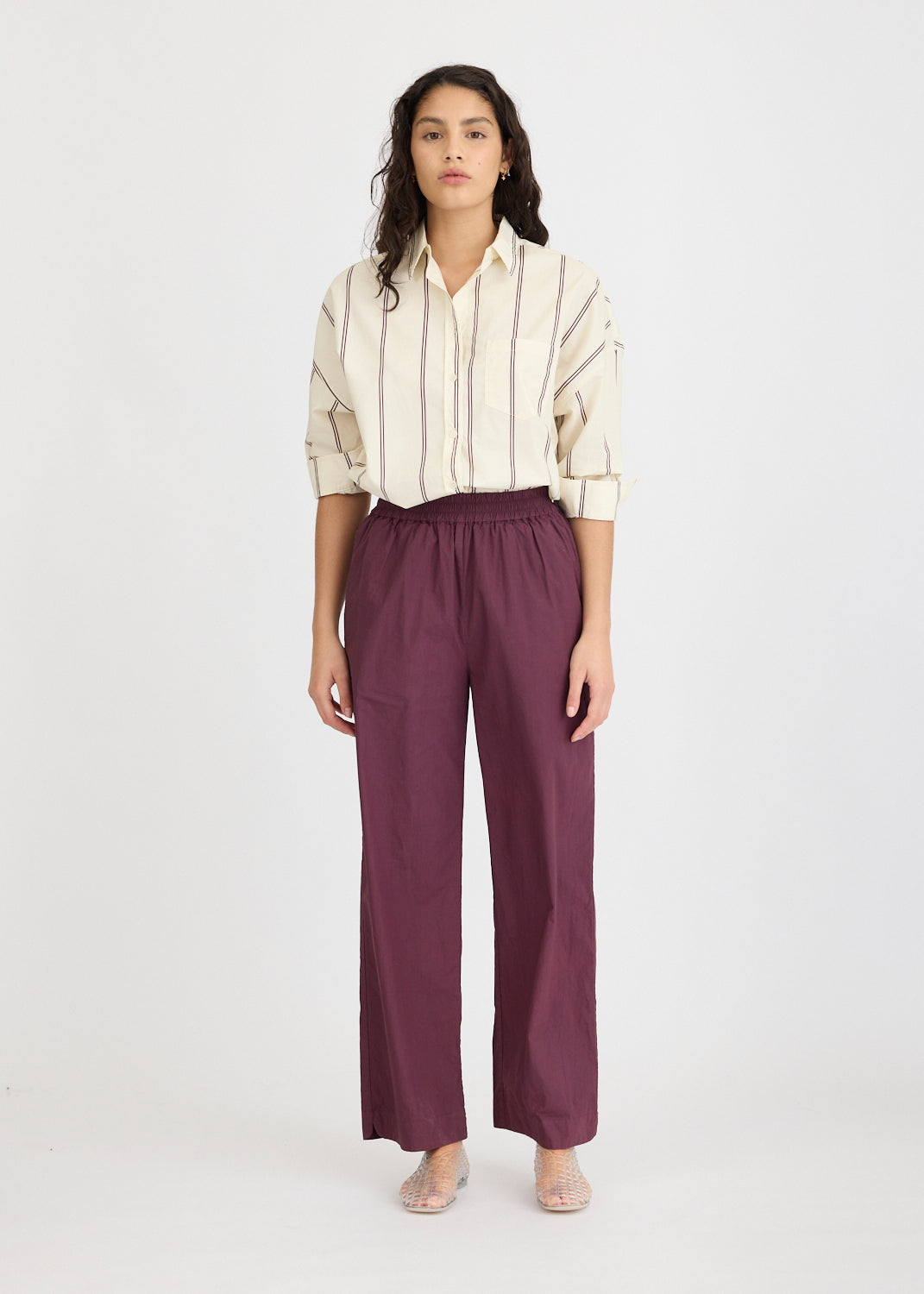 Chiara Long Sleeve Shirt Double Pinstripe - Cherry/Ivory