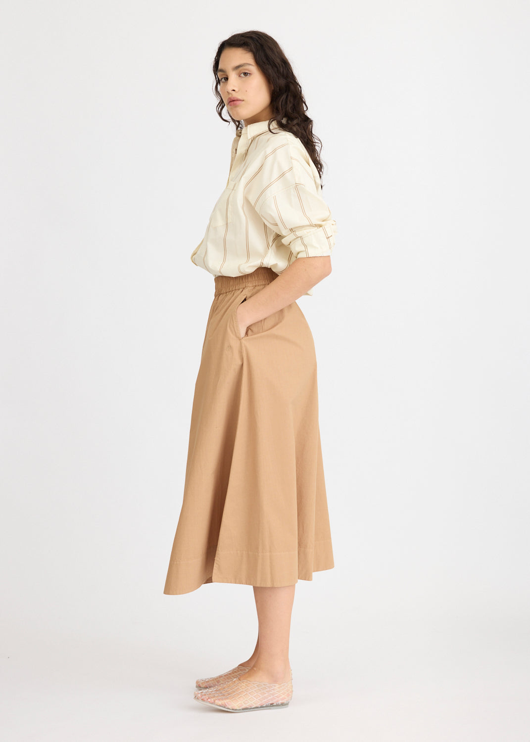 Chiara Long Sleeve Shirt Double Pinstripe - Toffee/Ivory