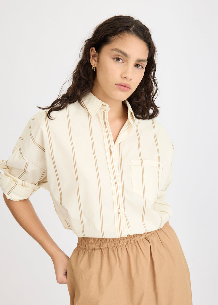 Chiara Long Sleeve Shirt Double Pinstripe - Toffee/Ivory