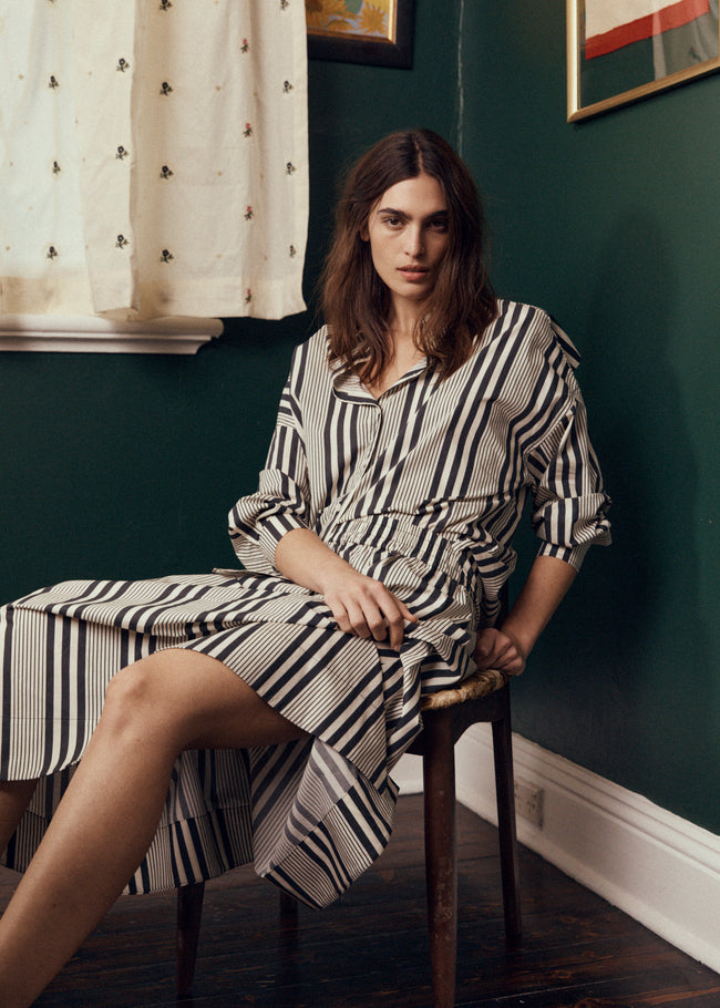 Chiara Open Yoke Shirt - Black and White Stripe