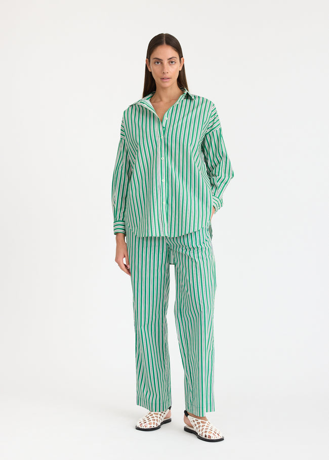 Mara Oversized Long Sleeve Shirt Stripe - Green Hills/White/Navy