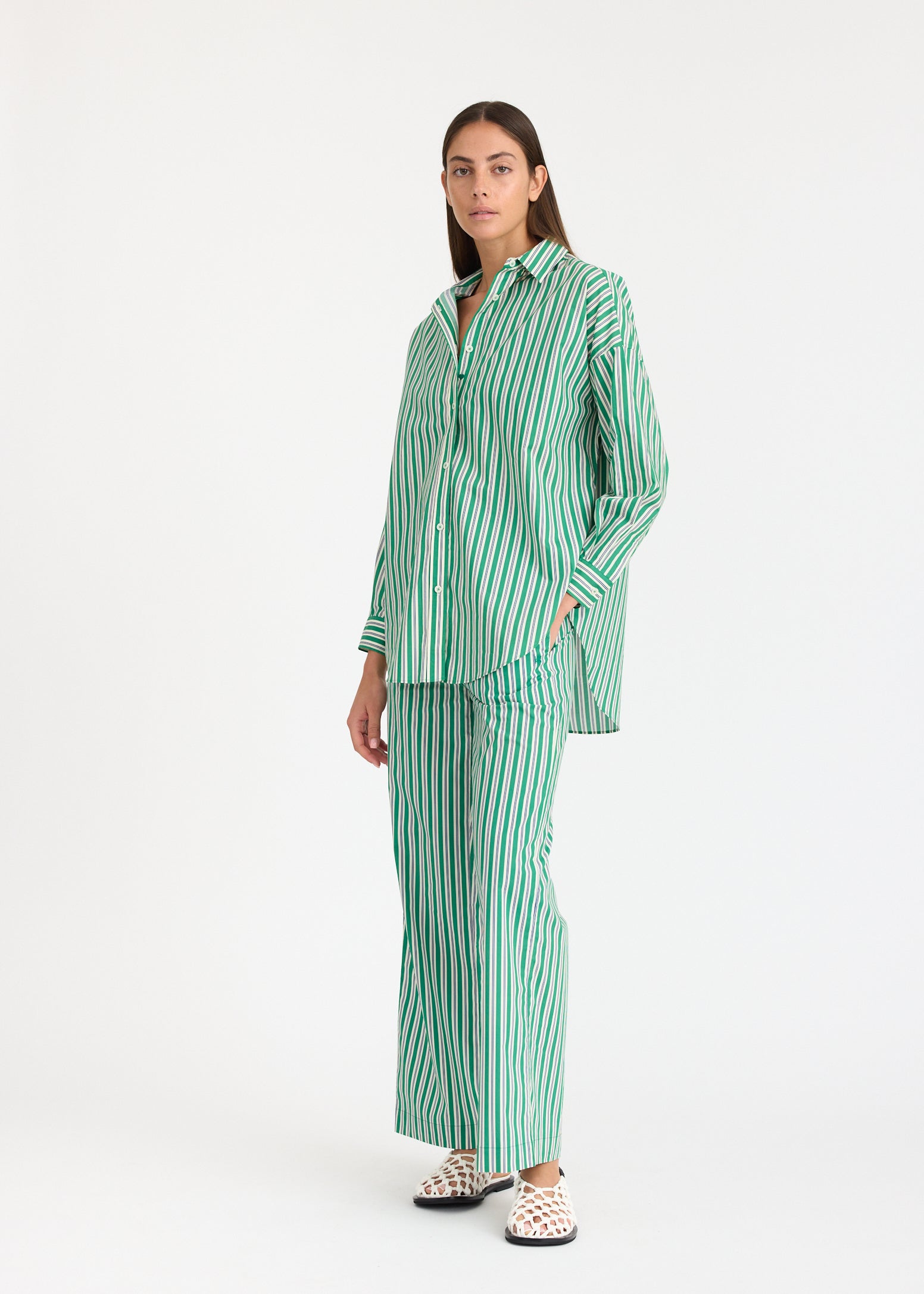 Mara Oversized Long Sleeve Shirt Stripe - Green Hills/White/Navy