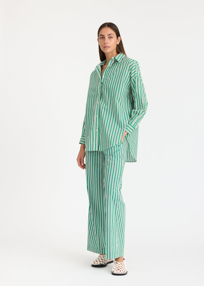 Mara Oversized Long Sleeve Shirt Stripe - Green Hills/White/Navy