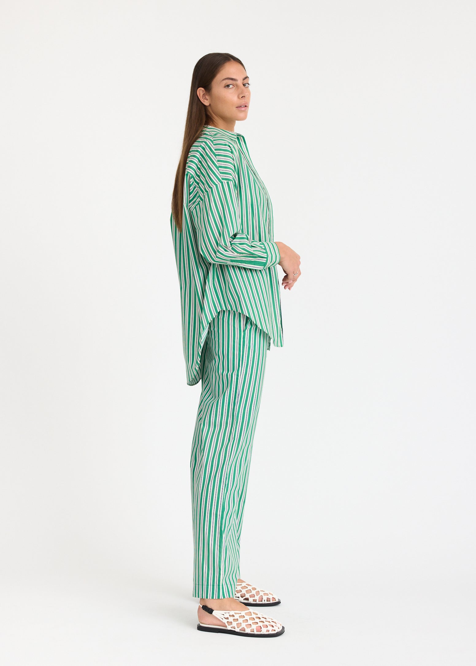 Mara Oversized Long Sleeve Shirt Stripe - Green Hills/White/Navy