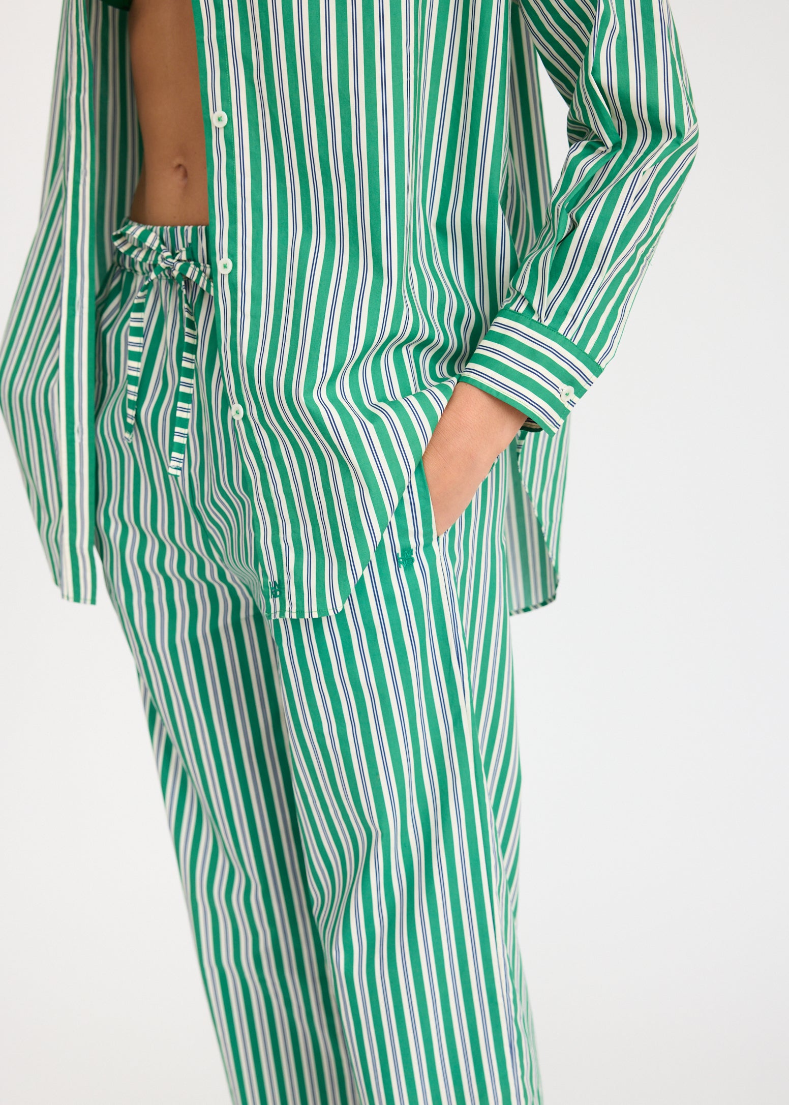 Mara Oversized Long Sleeve Shirt Stripe - Green Hills/White/Navy