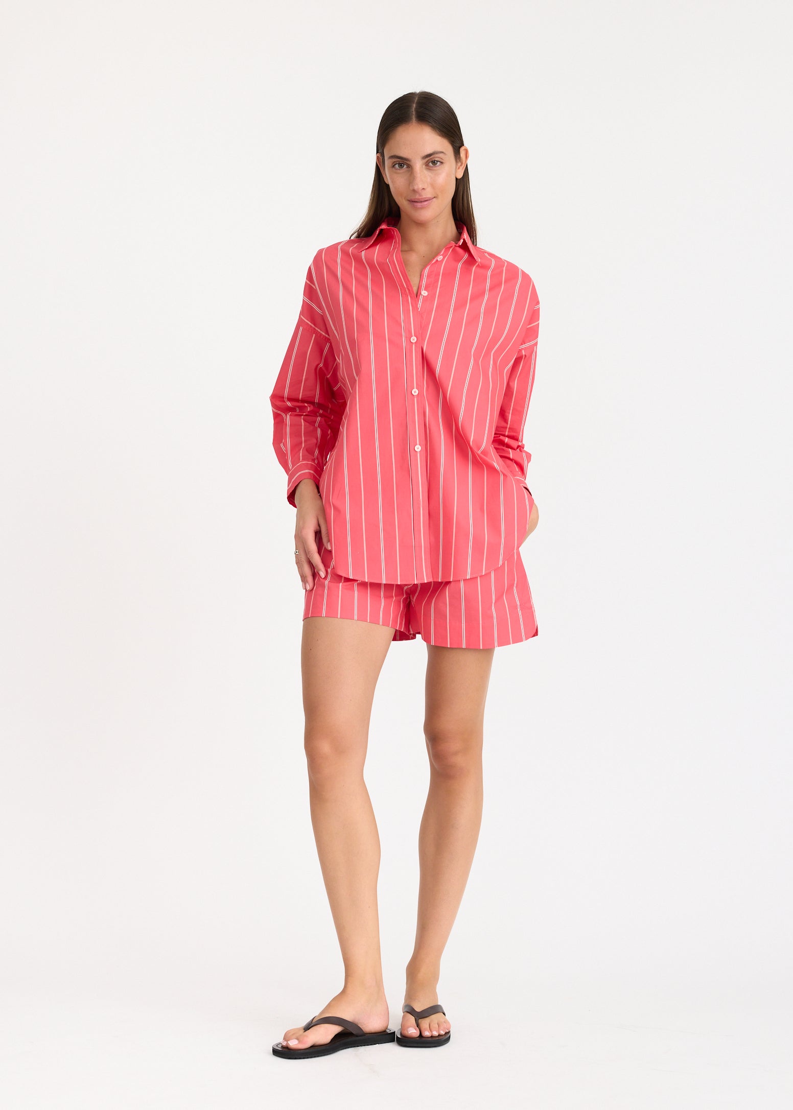 Mara Oversized Long Sleeve Shirt Stripe - Watermelon/Salsa/Orange/Natural