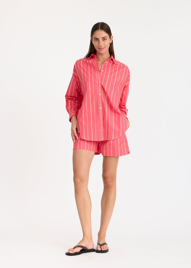 Mara Oversized Long Sleeve Shirt Stripe - Watermelon/Salsa/Orange/Natural