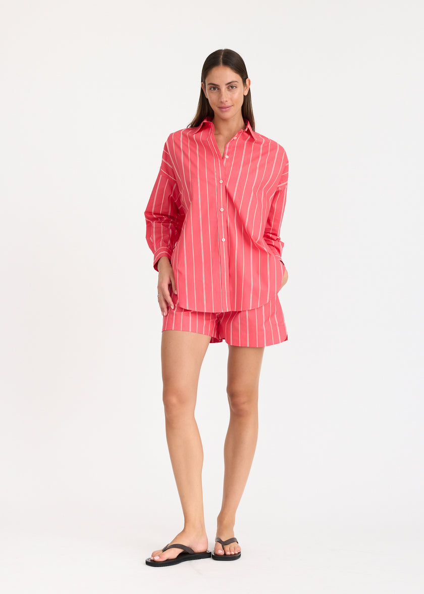 Mara Oversized Long Sleeve Shirt Stripe - Watermelon/Salsa/Orange/Natural