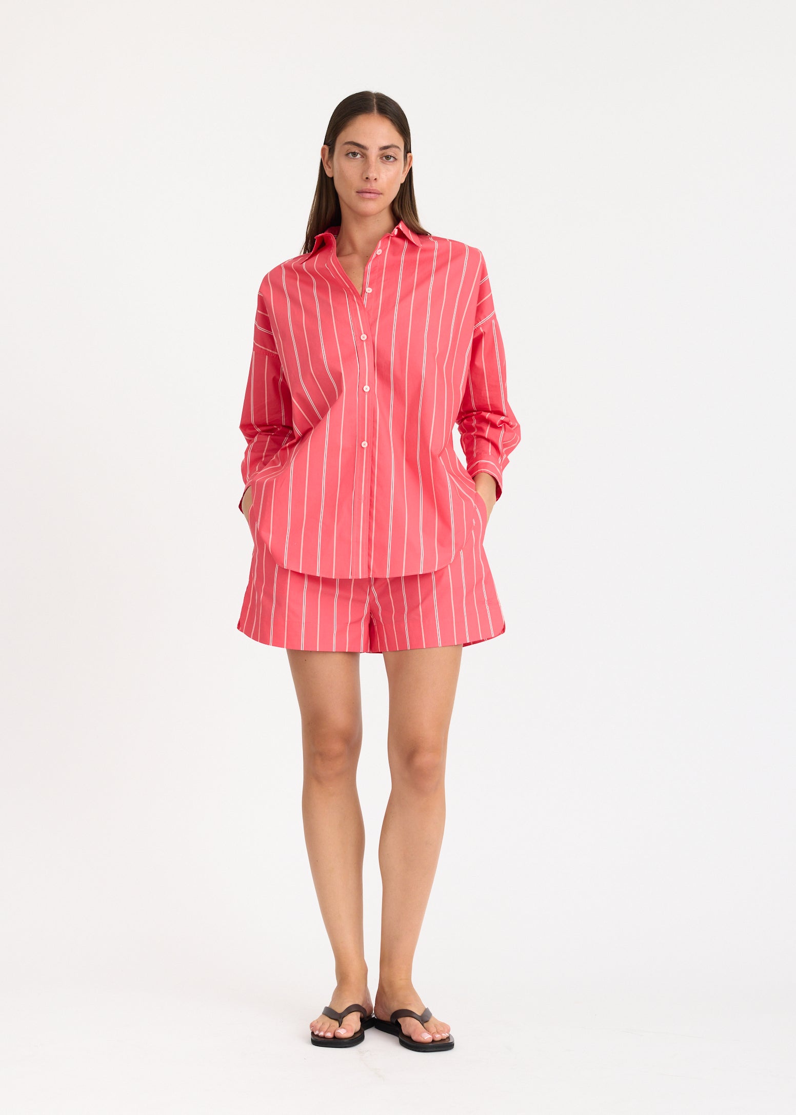Mara Oversized Long Sleeve Shirt Stripe - Watermelon/Salsa/Orange/Natural