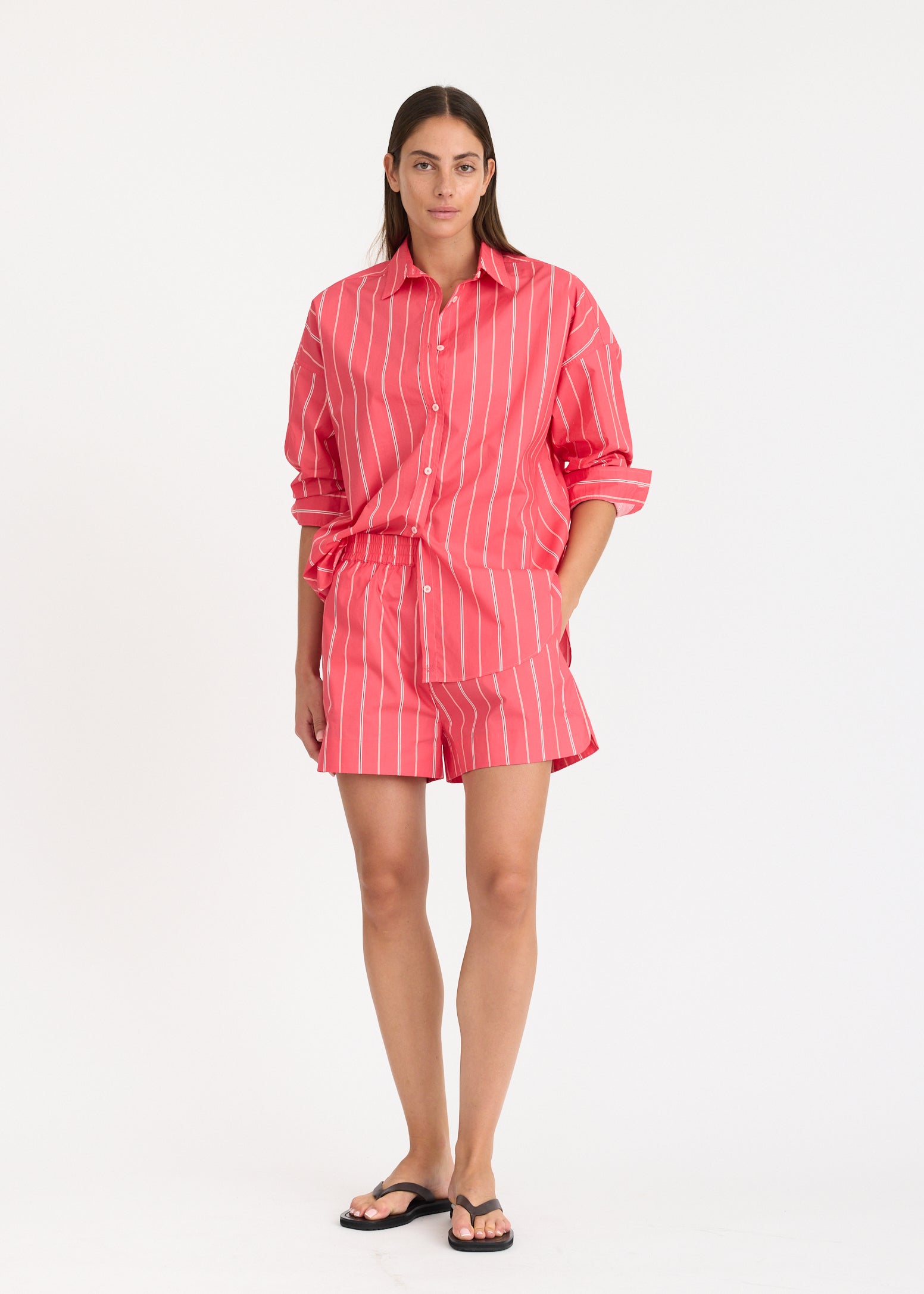 Mara Oversized Long Sleeve Shirt Stripe - Watermelon/Salsa/Orange/Natural