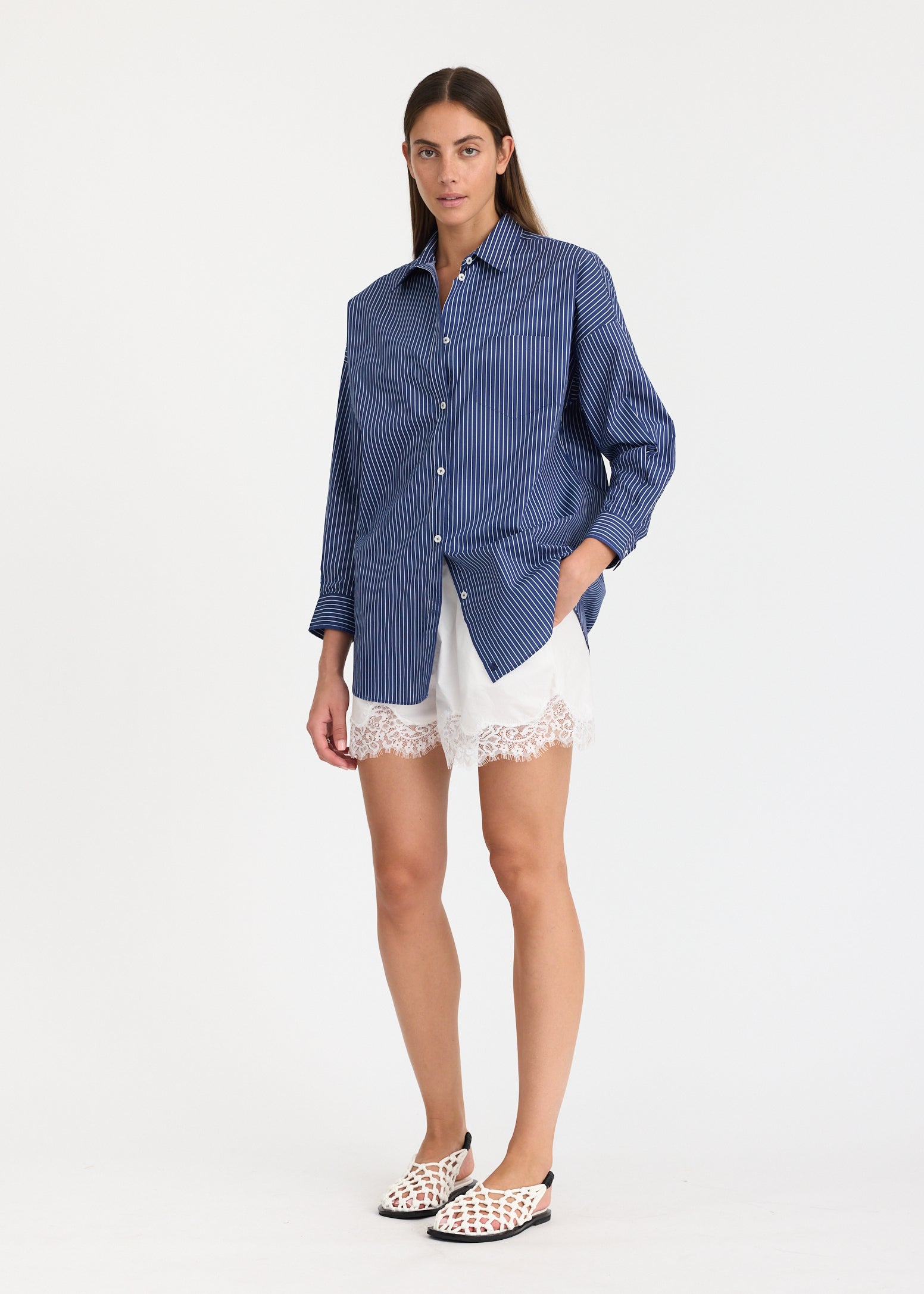 Chiara Long Sleeve Shirt Mid-Length - Navy/Natural
