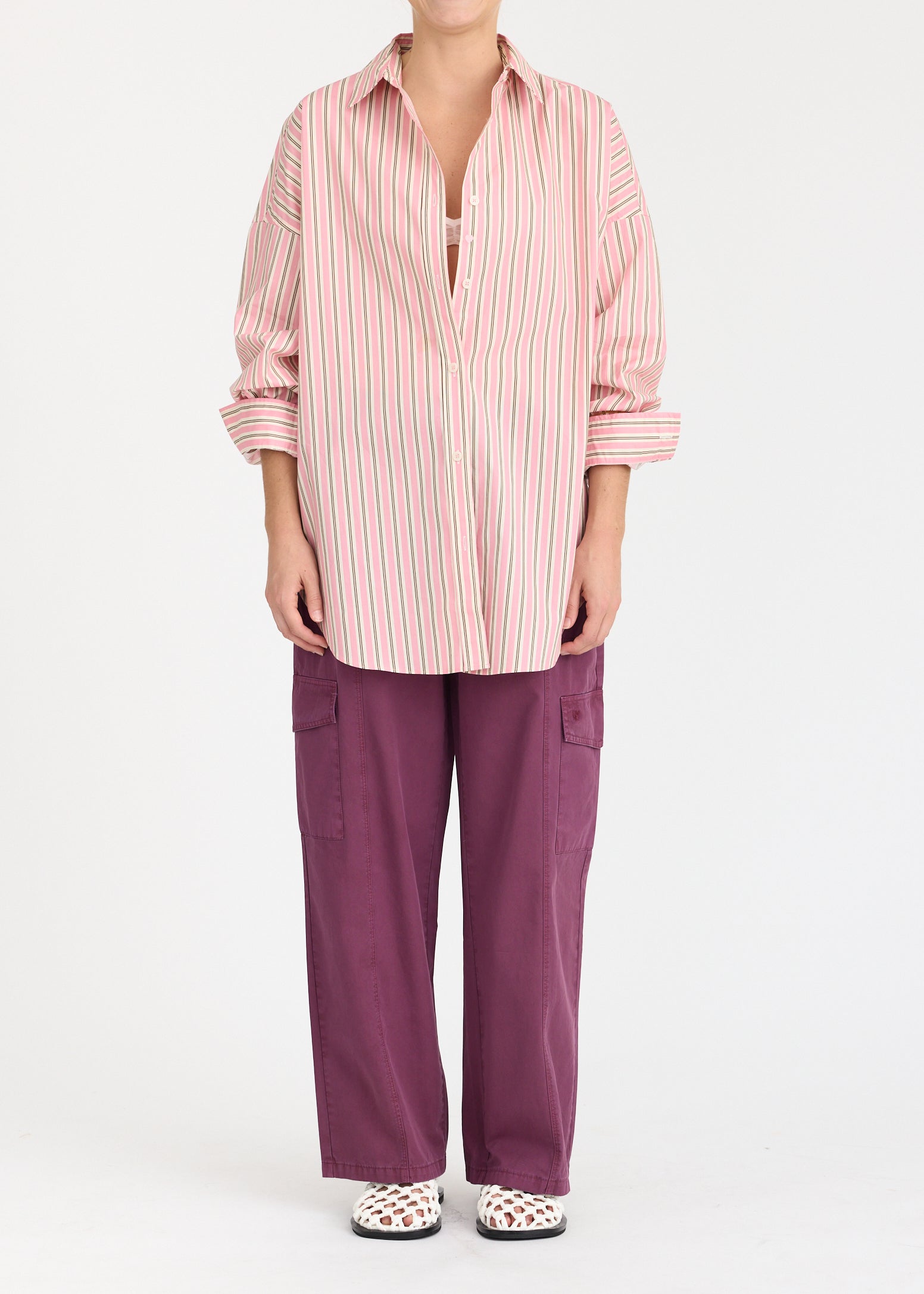 Mara Oversized Long Sleeve Shirt Stripe - Musk/Cocoa/Off White