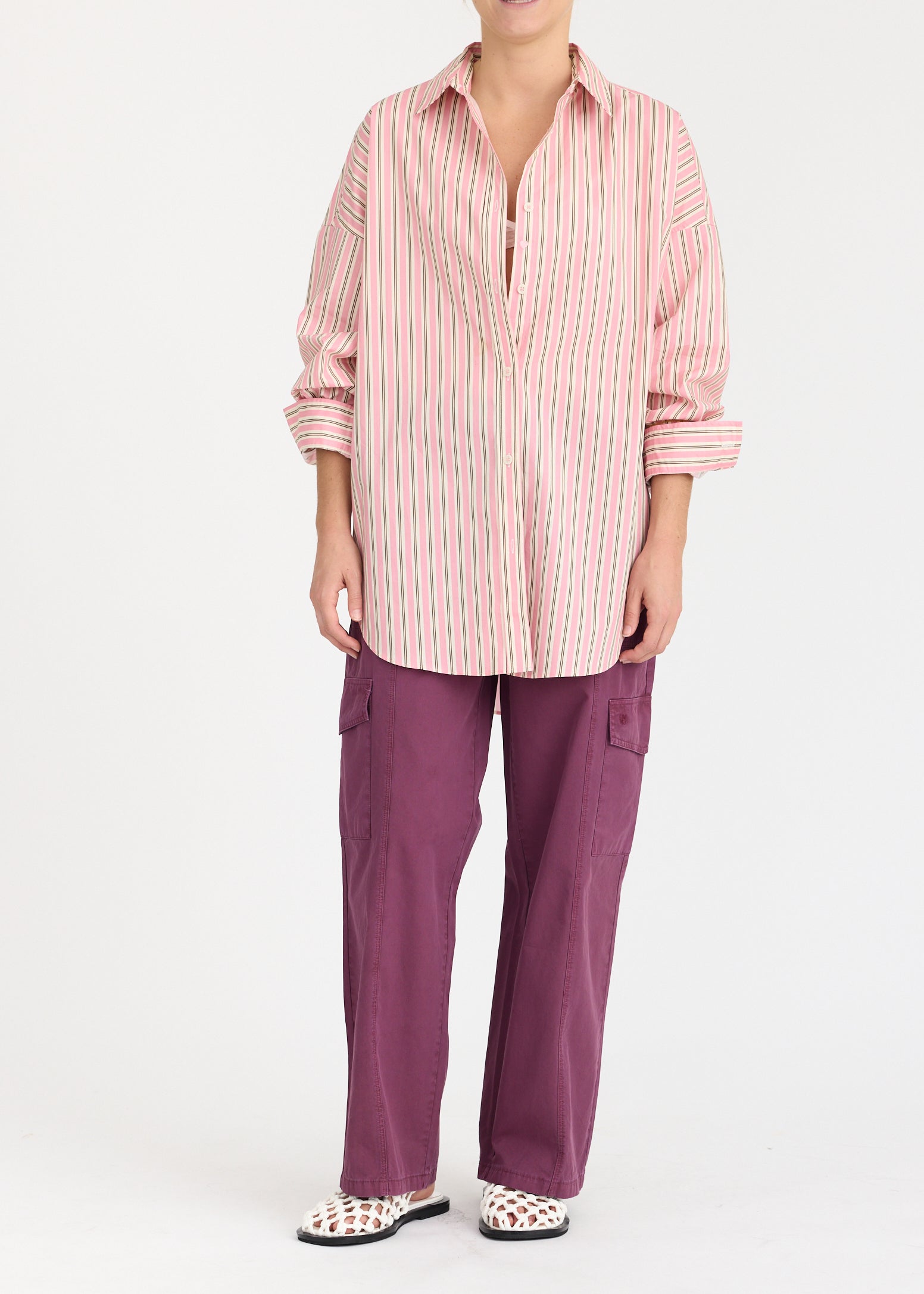 Mara Oversized Long Sleeve Shirt Stripe - Musk/Cocoa/Off White
