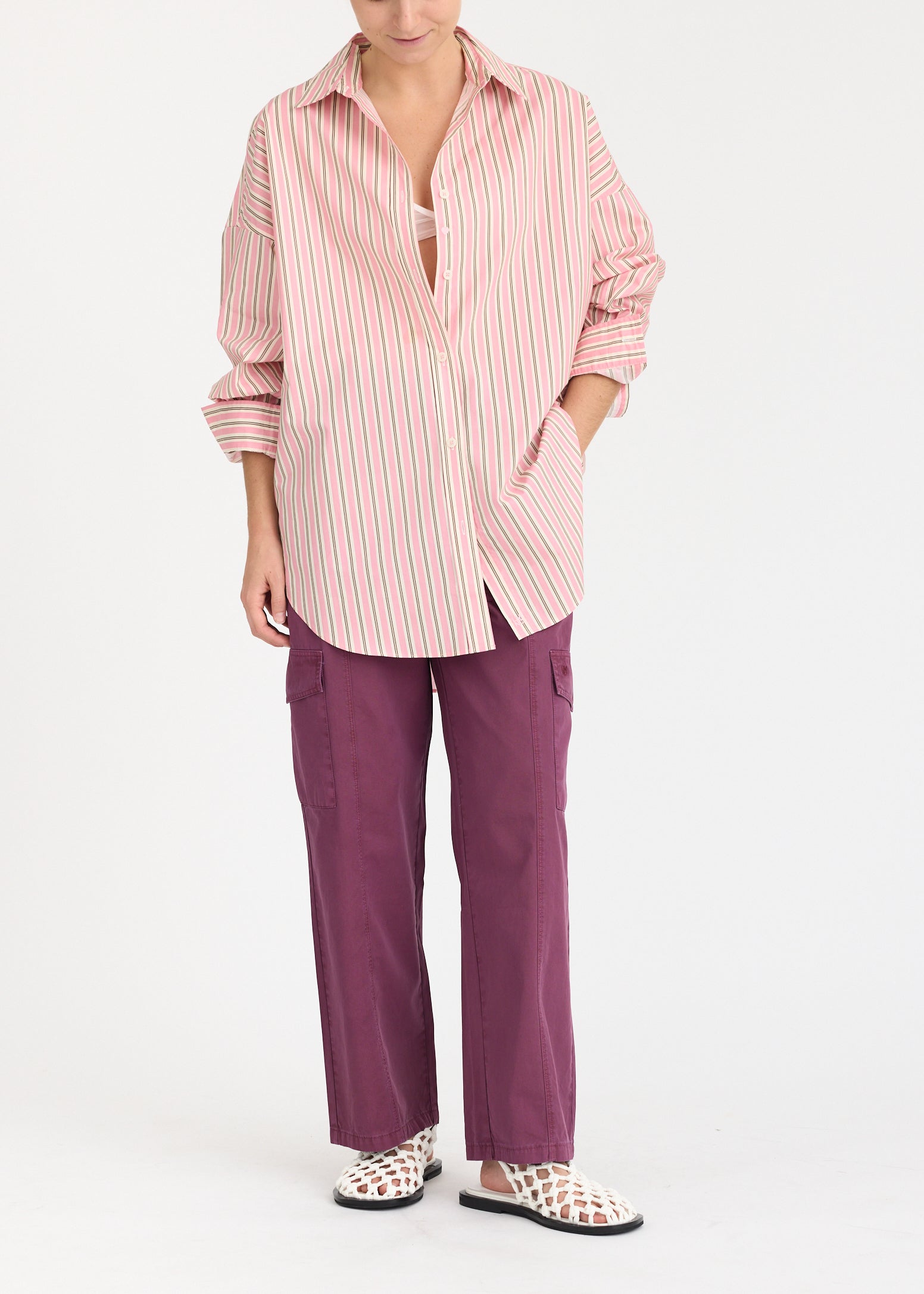Mara Oversized Long Sleeve Shirt Stripe - Musk/Cocoa/Off White