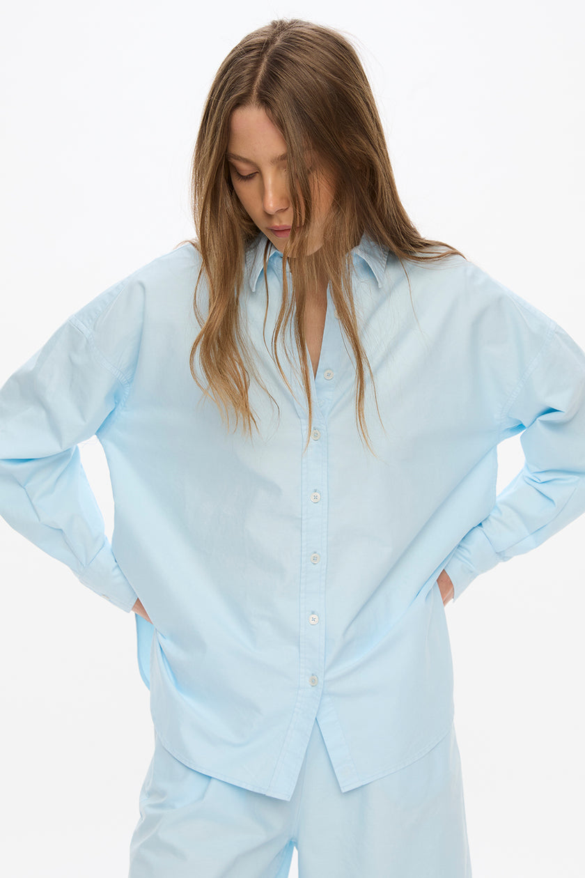 Mara Long Sleeve Shirt - Pinpoint - Delicate Blue