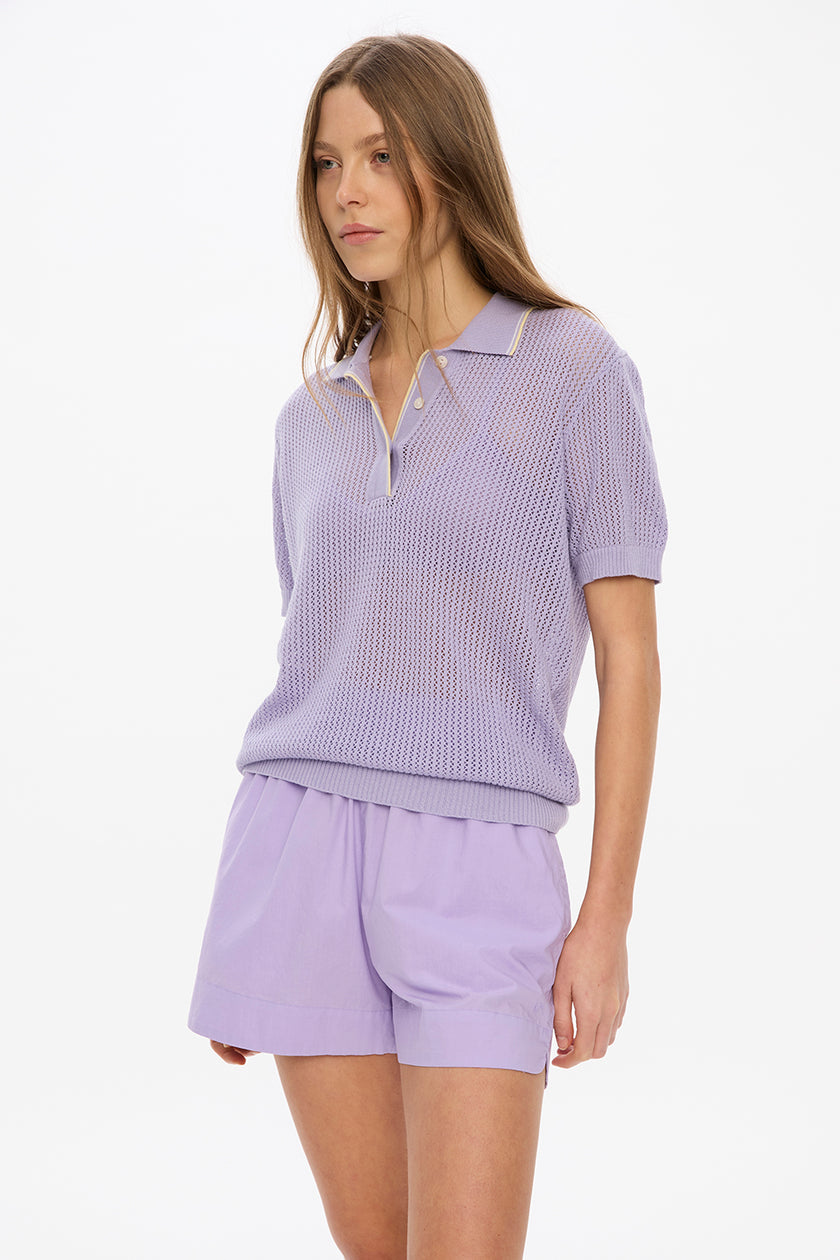 Thea Pointelle Half Sleeve Polo - Lavender + Limoncello/White Tipping