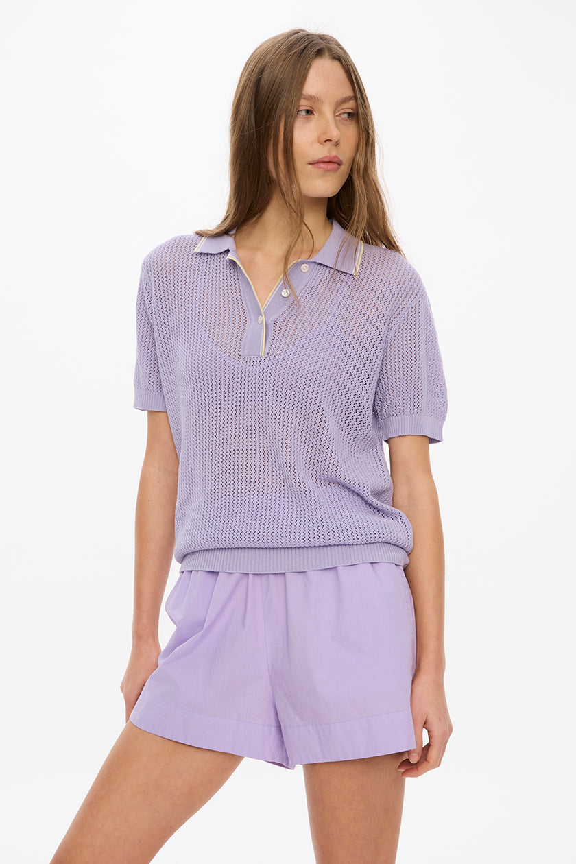 Thea Pointelle Half Sleeve Polo - Lavender + Limoncello/White Tipping