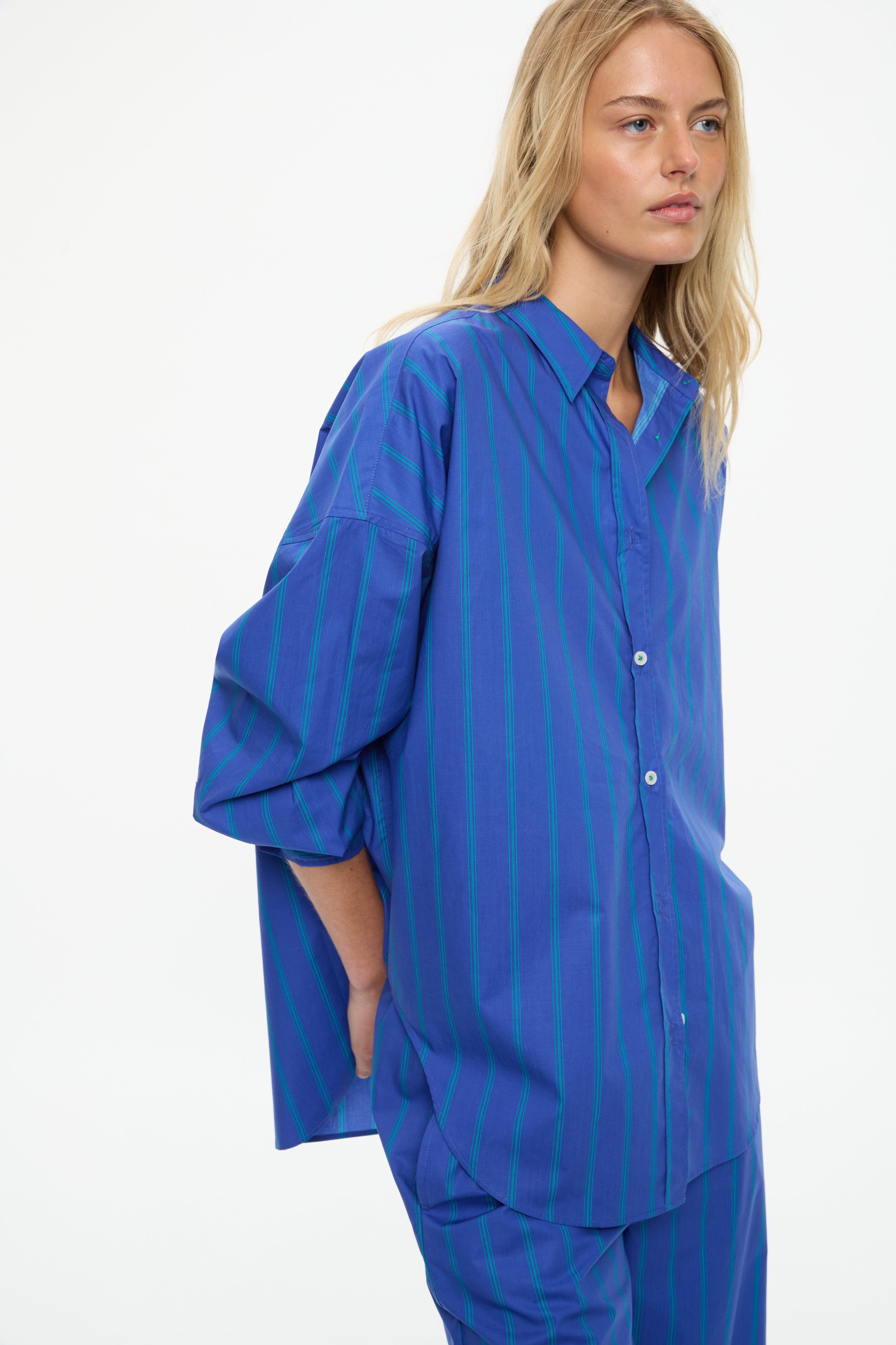 Mara Oversized Long Sleeve Shirt - Stripes  Indigo/Tropical Stripe