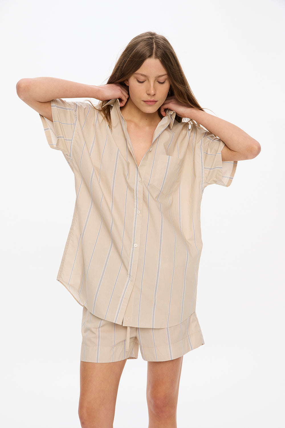 Chiara Short Sleeve Shirt - Mid Length - Stripes - Sand Dune/Toffee/White/Navy