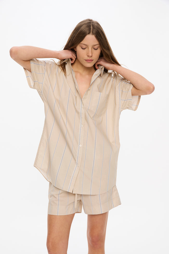 Chiara Short Sleeve Shirt - Mid Length - Stripes - Sand Dune/Toffee/White/Navy