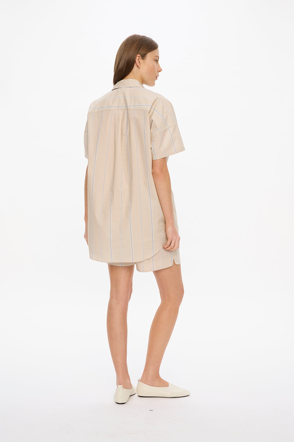 Chiara Short Sleeve Shirt - Mid Length - Stripes - Sand Dune/Toffee/White/Navy
