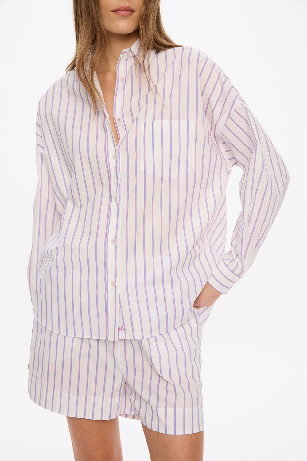 Nina Long Sleeve Button Back Opening Shirt - White/Lavender/Rose Glow