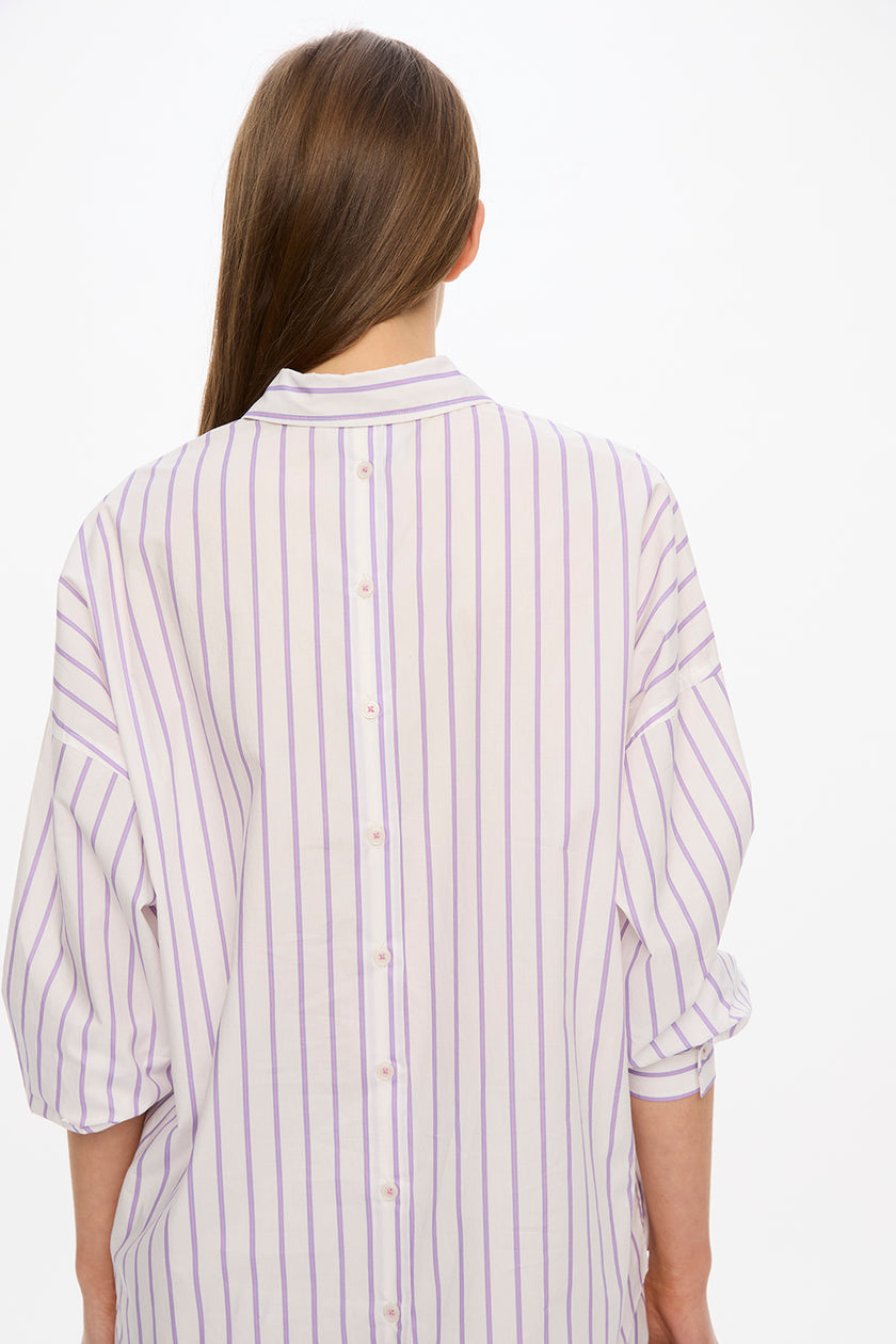 Nina Long Sleeve Button Back Opening Shirt - White/Lavender/Rose Glow