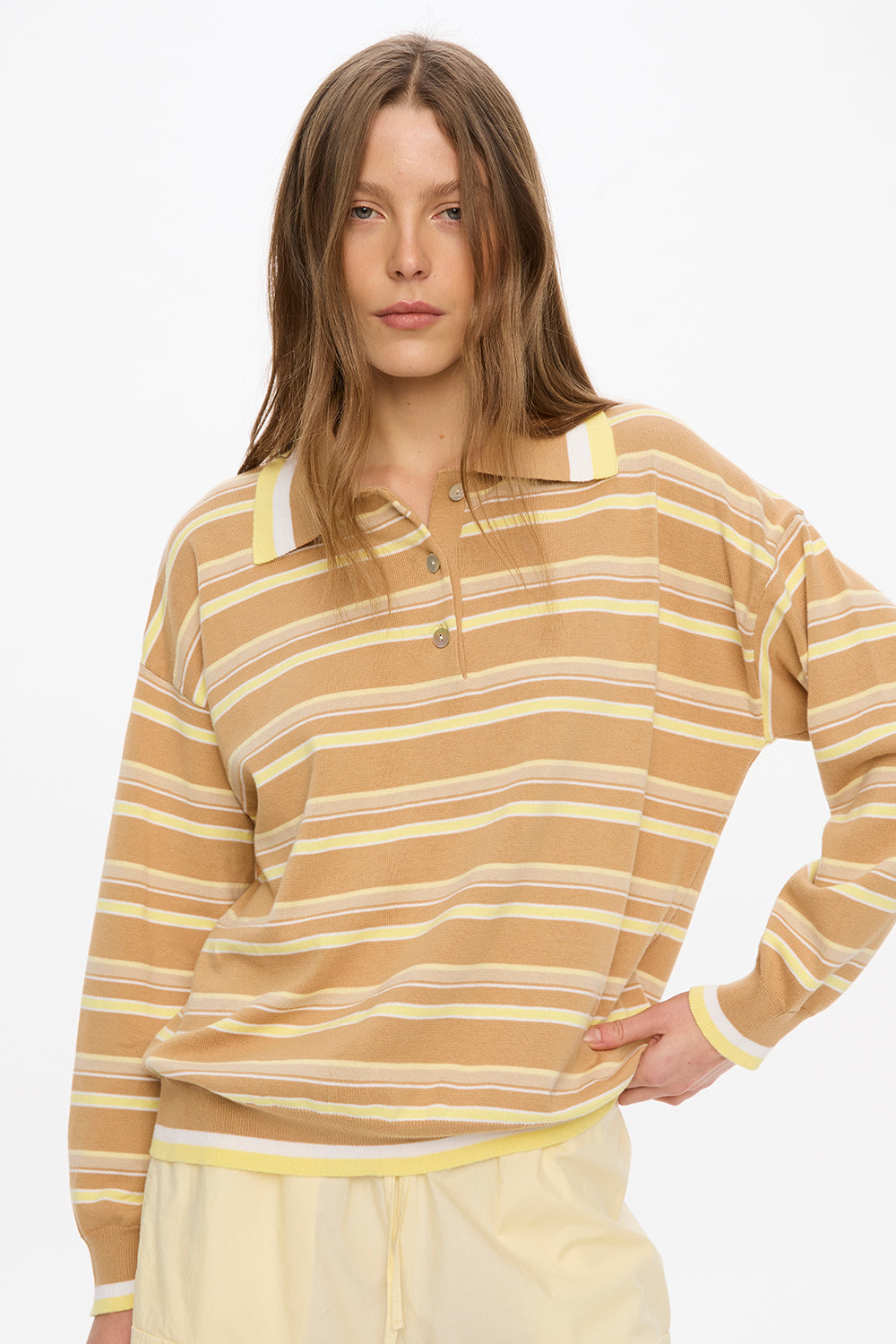 Alto Long Sleeve Stripe Polo - Tan/Limoncello/Natural