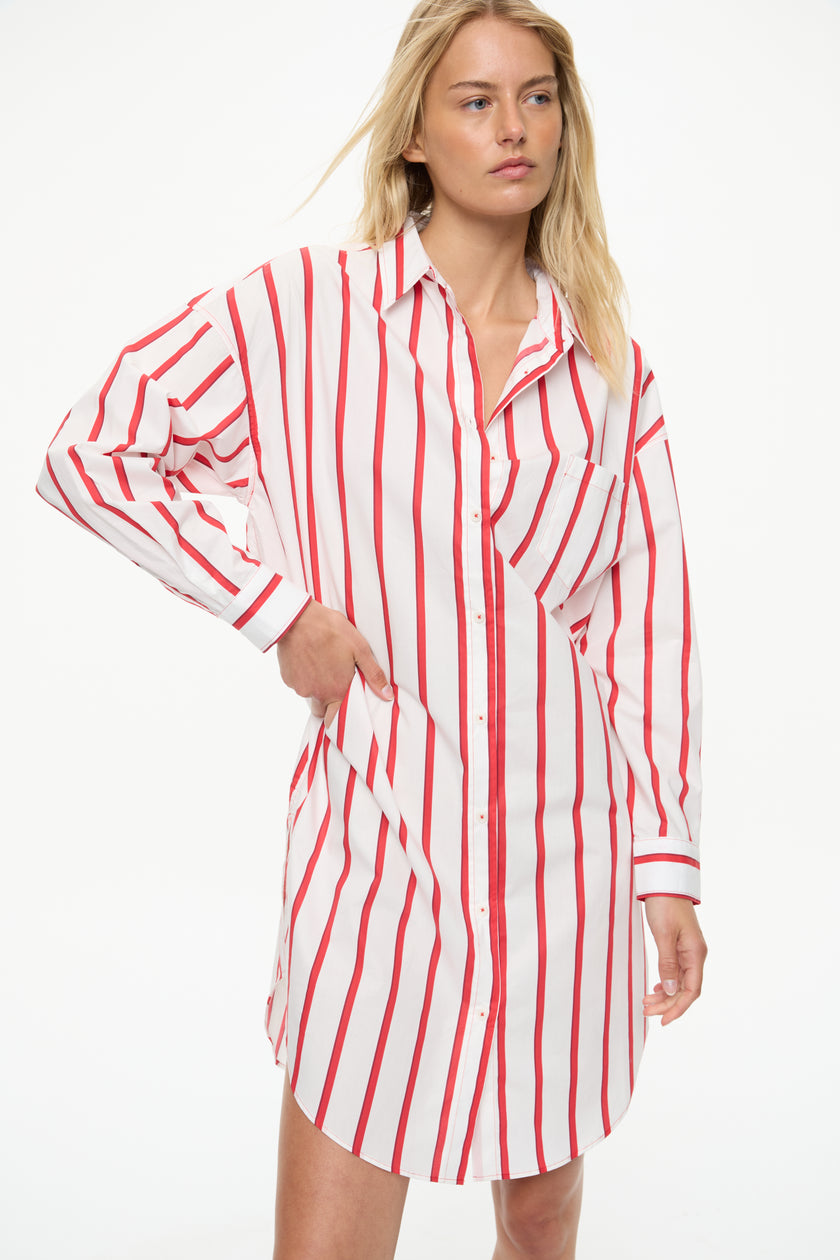 Chiara Long Sleeve Midi Dress - Stripes  Ultra Red/Sangria/White Stripe