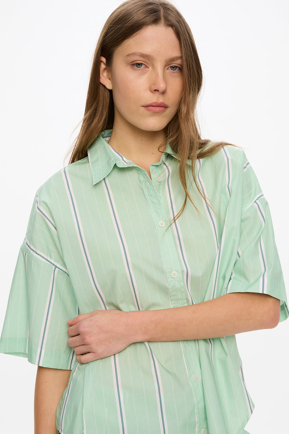 Mara Short Sleeve Shirt - Stripes - Mint/White/Indigo/Forest